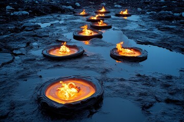 Gothic-style image of a landfill, with plastic fires casting eerie shadows