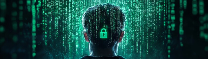 Person with digital lock, green code background