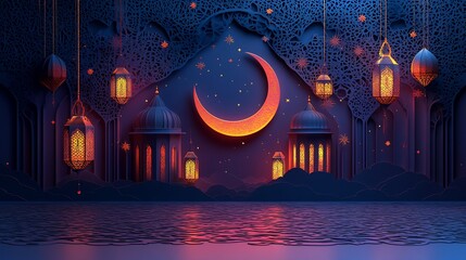 Poster - Modern paper cut design with sleek lanterns and crescent moons floating against a deep purple background with geometric patterns leaving space for text on the bottom half