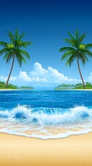 Two palm trees on a tropical beach with clear blue water and a sandy shore.