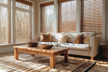 A living room with a large white couch and a coffee table