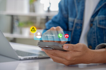 Leinwandbilder - Scam or spam alert calls, person receiving unknown caller notification with a Warning Messages to Prevent Scams, Fraud, and Identity Theft on smartphone, Mobile Security Against Cybercrime.