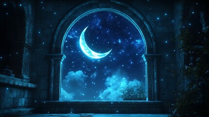 Poster - Mystical arched window framing a crescent moon in a deep blue night sky Soft glowing stars twinkle outside the window casting ethereal light into the room perfect for Ramadanthemed imagery