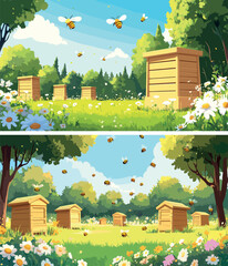 Meadow apiary countryside cartoon vector landscape. Pasture bee yard wooden hives beehives trees field forest plants blooming flowers beekeeping honey production, rural farm concept