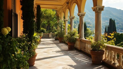 81. An elegant empty terrace with potted plants and a view