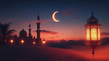 Poster - Mystical desert night with Islamic lanterns glowing softly under a crescent moon beside a grand mosque silhouette The calm desert sand adds a serene touch blending spirituality with nature