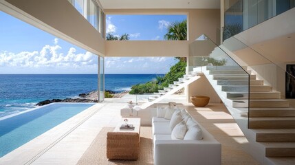 Wall Mural - A modern living room with floor-to-ceiling windows overlooking a swimming pool and the ocean. The room is decorated with white furniture and a wicker rug, with a staircase 