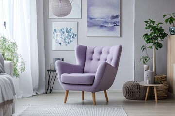 A stylish purple armchair in a cozy living room with soft lighting and decorative wall art. Generative AI