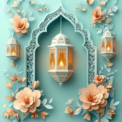 Poster - Paper cut style banner featuring elegant Islamic lanterns surrounded by intricate floral designs set against a soft pastel background with ample space for text in the center
