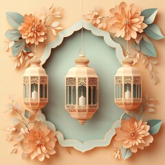 Poster - Paper cut style banner featuring elegant Islamic lanterns surrounded by intricate floral designs set against a soft pastel background with ample space for text in the center