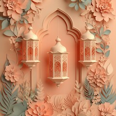 Poster - Paper cut style banner featuring elegant Islamic lanterns surrounded by intricate floral designs set against a soft pastel background with ample space for text in the center