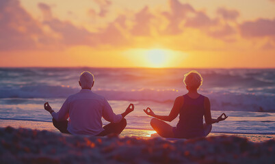 elderly couple, man and woman meditating on the seashore against the backdrop of sunset. yoga classe