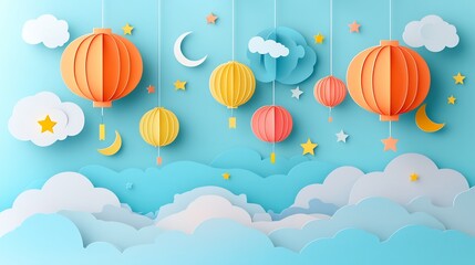 Poster - Playful paper cut design featuring colorful lanterns floating amidst clouds stars and moons against a light blue sky with ample space for text in the center