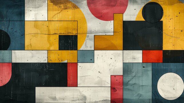 A clean and minimalistic geometric design with Scandinavian colors, using abstract shapes like rectangles and circles
