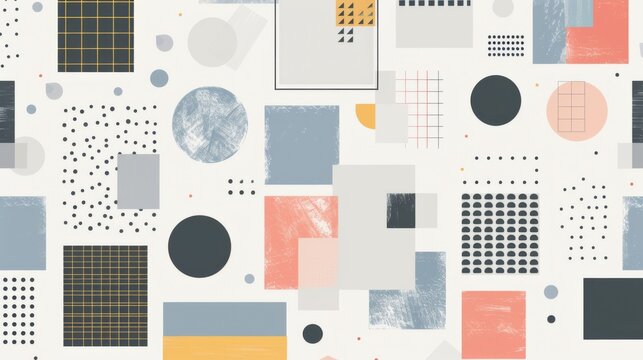 A clean and minimalistic geometric design with Scandinavian colors, using abstract shapes like rectangles and circles