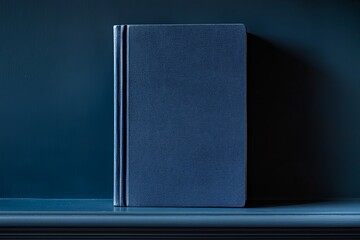 Poster - A simple blue book resting against a dark wall on a wooden ledge, showcasing its textured cover and minimalistic design in soft light. Generative AI