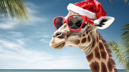 Giraffe in Santa Claus hat relaxing on tropical beach during New Year holidays.