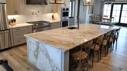 53. A polished marble island in an empty kitchen