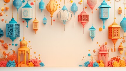 Poster - Playful paper cut style banner adorned with various lanterns and Islamic patterns illustrated in bright colors against a light background creating space for text at the bottom
