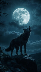  Lone Wolf Howling Majestically Against Dramatic Full Moon Landscape