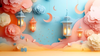 Poster - Playful paper cut style design showcasing a cluster of lanterns and crescent moons crafted in bright colors against a soft pastel backdrop with space for text at the top