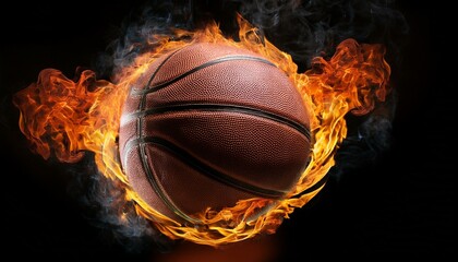 A basketball surrounded by vibrant flames, giving off heat and light against a black background 