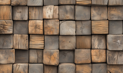 Natural wood blocks arranged in a geometric pattern with textured surface for wall paneling or design backgrounds