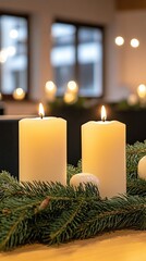 Poster - A beautiful arrangement of white candles rests atop lush evergreen branches, surrounded by soft golden ornaments, all illuminated by twinkling holiday lights in the background