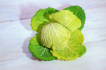 Savoy cabbage head on white rustic table. Copy space