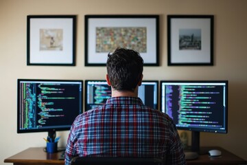 Fototapete - Person coding at multiple computer screens