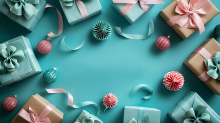 A turquoise background with gift boxes tied in velvet ribbons and surrounded by paper decorations