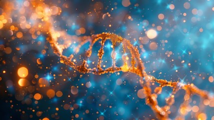 Beautiful spiral of orange DNA double helix with light bokeh and bubbles, elegantly floating on a blue backdrop