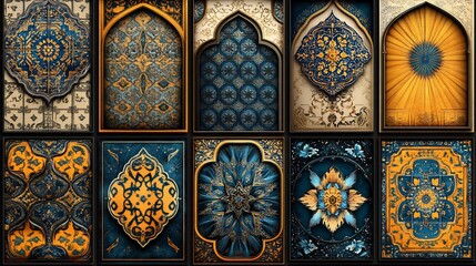 Poster - Rich array of distinct vector ornamental patterns showcasing complex geometric shapes in an oriental style presented on a swatch panel ideal for creating festive Ramadan decorations
