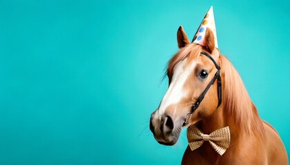 Creative animal concept.horse in party cone hat necklace bowtie outfit isolated on solid pastel background advertisement, copy text space. birthday party invite invitation