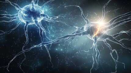 Poster - Neurons firing, brain activity, neural network, synapse connection. Digital illustration.
