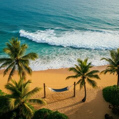 A hammock swaying between two palm trees on a secluded beach with golden sand and turquoise waves.
