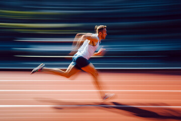 Male athlete sprinting on a track, muscles tense, motion blur, competitive energy, bright sunny day, athletic determination.