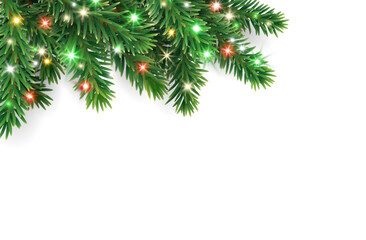 Christmas tree decoration. Holiday fir tree garland, festive corner. Winter season frame, realistic spruce branch with colorful red and green Christmas lights. Transparent background in vector file.