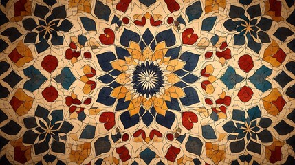 Poster - Rich vector ornamental pattern with complex tessellations and geometric designs in earthy tones creating a captivating background suitable for Ramadanthemed artwork displayed on a swatch panel