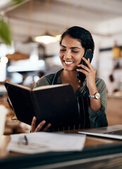 Aufkleber - Cafe woman, notebook and phone call for order details, online shopping and ecommerce information. Laptop, talking or restaurant waitress with technology for booking confirmation, reservation or sales