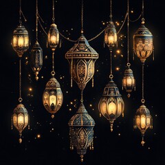 Poster - Rich vector set featuring Islamic ornamental lanterns and celestial designs with golden hues and intricate details designed as a garland to celebrate the beauty of Ramadan Kareem