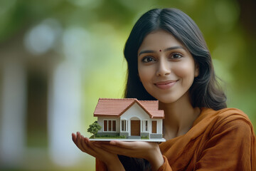 young indian woman holding small house model