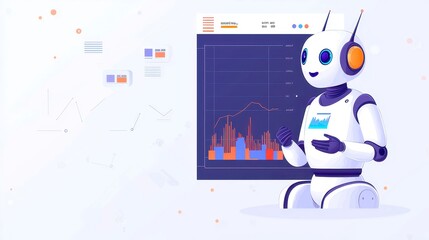 Poster - AI robot analyzing financial performance, detailed 2D design with strong outlines, isolated on a white background, emphasizing market segment evaluation and data analysis.