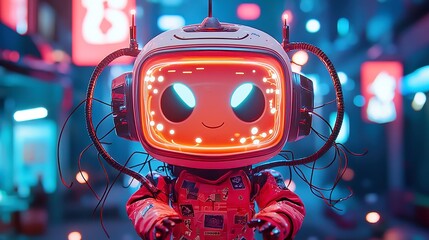 Poster - AI robot analyzing market risks, vibrant colors illuminating its metallic surface, emphasizing sharp details and a cheerful demeanor in a dynamic environment.