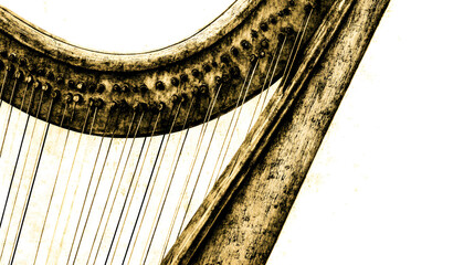 A Graceful Watercolor Painting of a Victorian Harp with Exquisite Colors and Details on a Bright White Background for Effortless Use