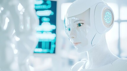 Poster - AI robot tracking industry regulations, advanced technology, dynamic workspace, monitoring compliance, enhancing operational efficiency, adapting to regulatory environments, innovative solutions