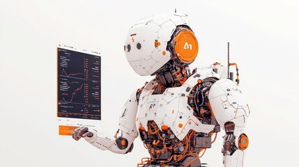 Poster - AI Robot Analyzing Pricing Trends, a sleek, minimalistic design with strong outlines, presented on a clean white background, showcasing its analytical capabilities and focus on data.