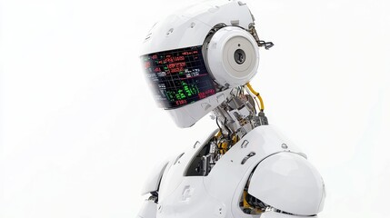 Poster - AI Robot Analyzing Pricing Trends, 2D design with a strong outline, isolated on white background, showcasing the robot's analytical capabilities and focus on market insights.