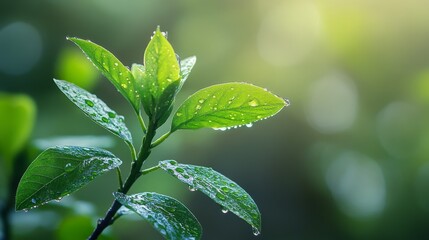 Water gently falls on the tender green tree buds, symbolizing the germination and growth of life and the nourishing power of nature, capturing the essence of rebirth and sustainability in nature.