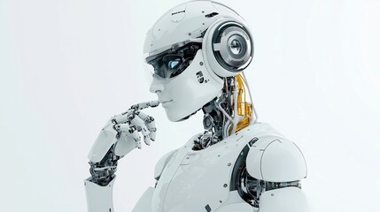 Poster - AI Robot Analyzing Pricing Trends, showcasing a sleek design with a strong outline, set against a clean white background, emphasizing its analytical capabilities and modern technology.